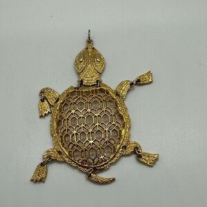 Vintage 1970’s Gold Tone Turtle Pendant Filigree Articulated 3.5” x 4.25”
